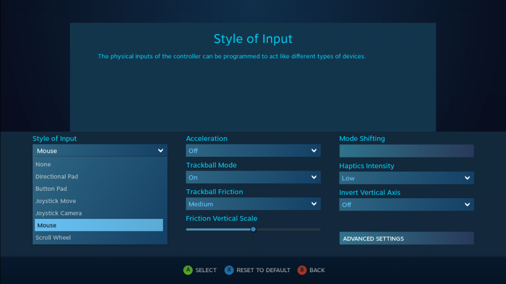 A screenshot showing the options available for configuring the controller's touch pads.