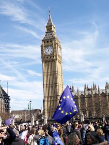 The flag of the European Union, flying in front of Westminster Palace.