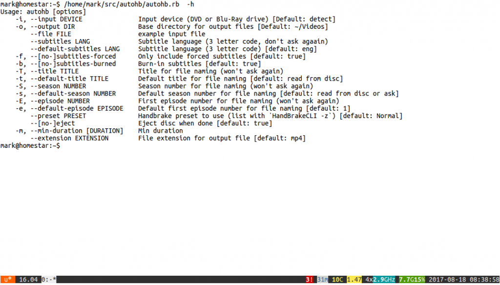 Usage information for AutoHandbrake, listing the available command line options.