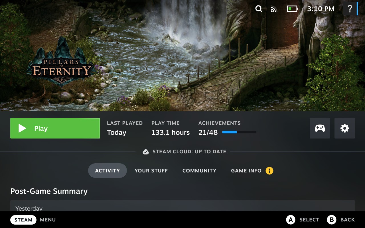 Pillars of Eternity in Steam Deck library