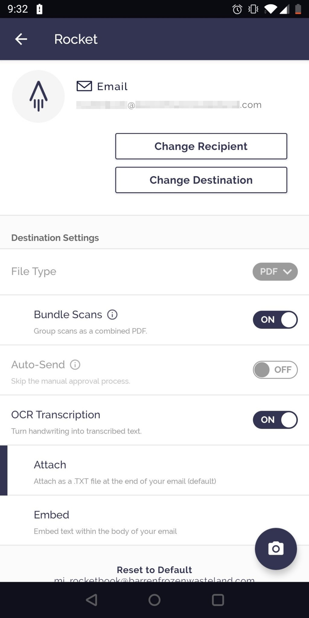 Rocketbook settings screen